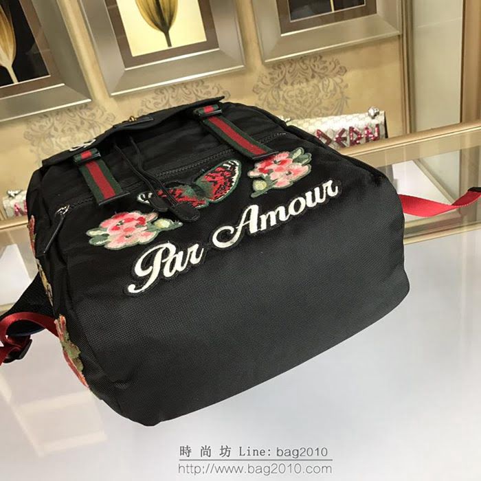 GUCCI 古馳男包 新款 450982 刺繡裝飾 古馳雙肩背包 黑色 GUCCI男背包